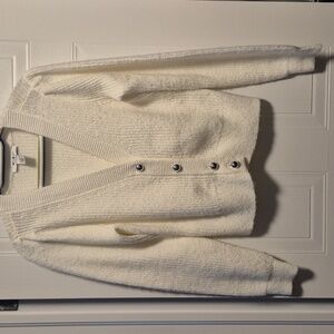 WHBM White V Neck Cardigan, 4 Silver Buttons, Med, Cozy.